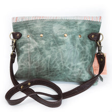 Large Leather Foldover Crossbody Bag - Distressed Sage Green Leather With Hand Painted Terra Cotta & Peach Top