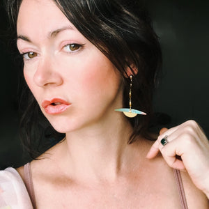 Long Slender Drop Earrings with Teal Arch and Brass Moon, Ball Post Earring, Teal Patina - Limited Edition - Ready To Ship