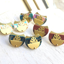 Large Post Earring With Brushed Brass Hand Painted Leather and Monstera Plant