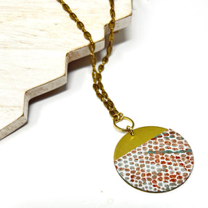 Long Disk Pendant Necklace - Brushed Brass and Leather With Vintage Chain