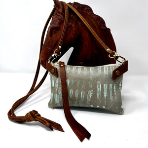 Handmade & Hand Painted - Small Leather Shoulder Bag Crossbody Purse For Women - Sage Gray Green With Mint Stripes