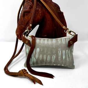 Handmade & Hand Painted - Small Leather Shoulder Bag Crossbody Purse For Women - Sage Gray Green With Mint Stripes