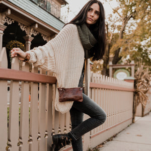 Handmade Hand Painted - Small Leather Shoulder Bag Crossbody Purse For Women - Ivory Leather with Peach, Fuchsia and Saddle Brown Paint