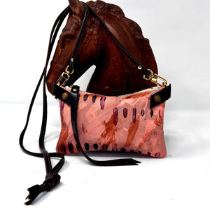 Handmade Hand Painted - Small Leather Shoulder Bag Crossbody Purse For Women - Pink Leather with Dark Purple & Copper Paint