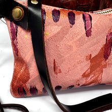 Handmade Hand Painted - Small Leather Shoulder Bag Crossbody Purse For Women - Pink Leather with Dark Purple & Copper Paint