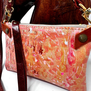 Handmade Hand Painted - Small Leather Shoulder Bag Crossbody Purse For Women - Ivory Leather with Peach, Fuchsia and Saddle Brown Paint