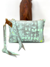 Small Leather Wristlet Handbag - Hand Painted With Mint Leather, Mint Paint & Neon Lime Paint-  One Of A Kind READY TO SHIP