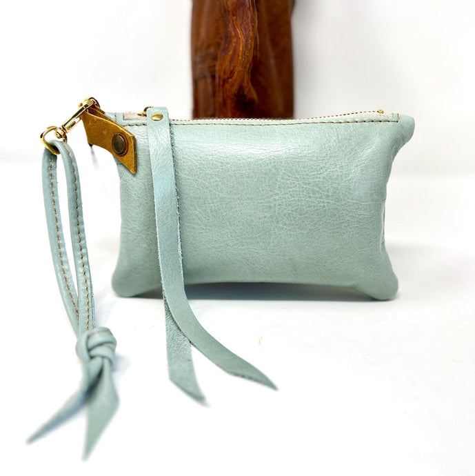 Handmade Small Leather Wristlet Handbag For Women - Pastel Mint Green Genuine Leather