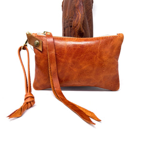 Handmade Small Leather Wristlet Handbag For Women -Cognac, Burnt Orange Genuine Leather