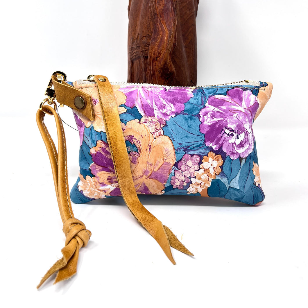 Handmade Small Leather Wristlet Handbag For Women - Genuine Leather Floral Pattern With Turquoise, Magenta & Peach colors