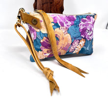 Handmade Small Leather Wristlet Handbag For Women - Genuine Leather Floral Pattern With Turquoise, Magenta & Peach colors