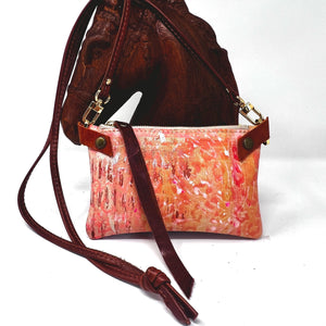 Handmade Hand Painted - Small Leather Shoulder Bag Crossbody Purse For Women - Ivory Leather with Peach, Fuchsia and Saddle Brown Paint