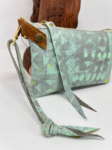 Small Leather Wristlet Handbag - Hand Painted With Mint Leather, Mint Paint & Neon Lime Paint-  One Of A Kind READY TO SHIP