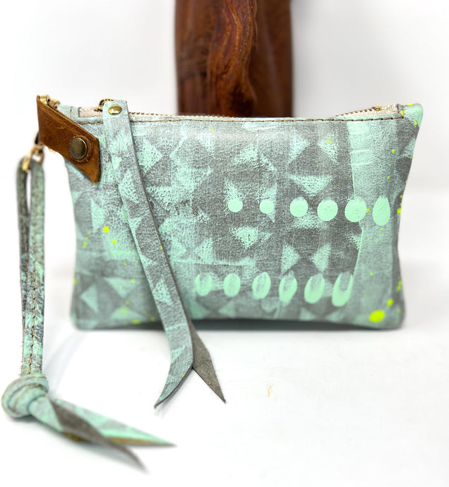 Small Leather Wristlet Handbag - Hand Painted With Mint Leather, Mint Paint & Neon Lime Paint-  One Of A Kind READY TO SHIP