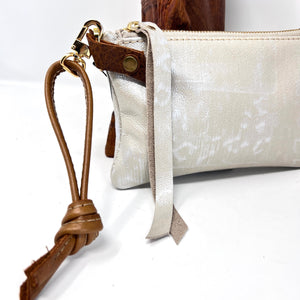 Small Leather Wristlet Handbag - Hand Painted With Pear Ivory Leather & Metallic Pearl Paint With Subtle Leather Print One Of A Kind