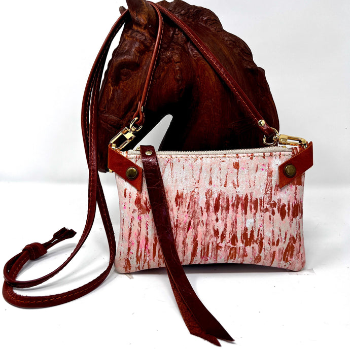 Handmade Hand Painted - Small Leather Shoulder Bag Crossbody Purse For Women - Pearl Ivory Leather with Pink, Copper and Saddle Brown Paint