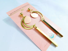Brass & Copper Earring - Long Slender - Crescent Moon With Brushed Copper Accent