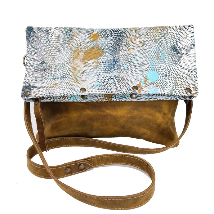 Large Leather Foldover Crossbody Bag - Distressed Yellow Brown Leather With Hand Painted Navy Ochre and Turquoise Top