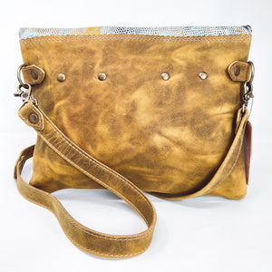 Large Leather Foldover Crossbody Bag - Distressed Yellow Brown Leather With Hand Painted Navy Ochre and Turquoise Top