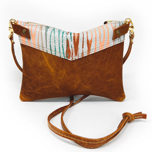 Leather Crossbody Purse  For Women - Brown With  Terra Cotta Peach Sage and White