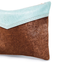 Large Leather Wristlet  Handbag For Women - Two Tone Brown and Mint Leather With Metallic Accents