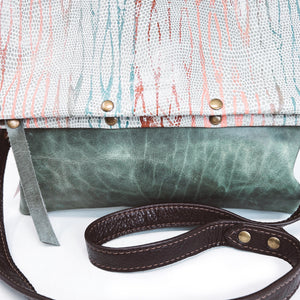 Large Leather Foldover Crossbody Bag - Distressed Sage Green Leather With Hand Painted Terra Cotta & Peach Top