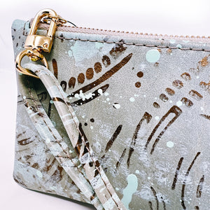 Small Leather Wristlet Handbag - Hand Painted With Mint and Metallic Bronze