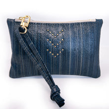 Small Leather Wristlet Handbag - Striped Navy Blue Leather