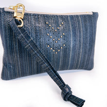 Small Leather Wristlet Handbag - Striped Navy Blue Leather