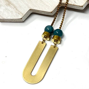 Large Brass Necklace With Green Beads and Vintage Chain