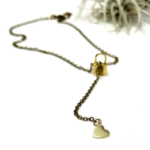 18" Brass Heart And Lock Charm Necklace