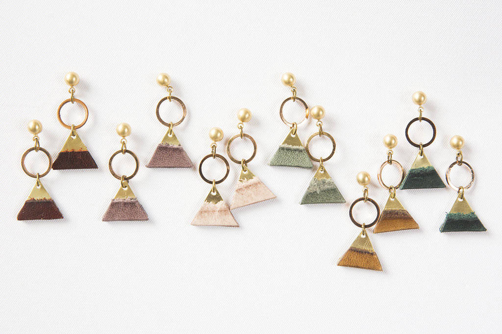 Short Leather and Brass Dangle Earrings - Mountain Inspired