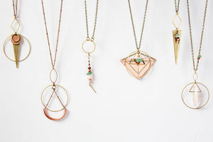 Long Triangle Necklace - Gold Tone - Drop Necklace - Long and Layered -Layered Necklace - Short Necklace - Rose Quartz - Blush Necklace