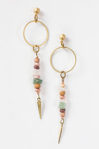 Long Beaded Spike Dangle Earrings - A Beachy Mix of Rose Quartz & Aventurine Gemstones With Purple and Copper Beads and Solid Brass Spike