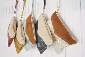 Large Leather Wristlet  Handbag For Women - Two Tone Colors with Suede Leather Option