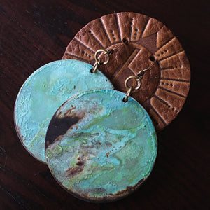Edgy Boho Earrings - Teal Green Verdi Gris Patina - Large Circle Moon Earrings