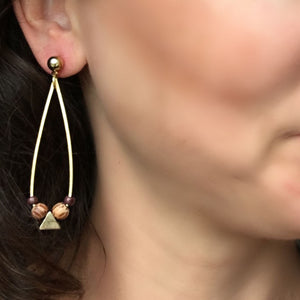 Brass Teardrop Hoop Earrings with Wood and Brass Triangle Beads