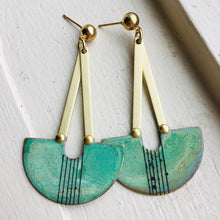 Long Brass Post Statement Earring With Teal Arch and Hand Scribed Lines
