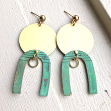 Unique Boho Statement Earrings For Women - Green Geometric Earring With Golden Brass Sun and Rainbow Symbol