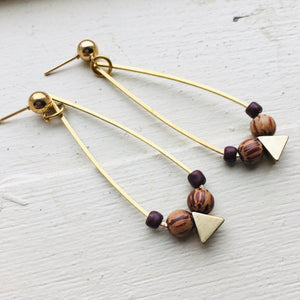 Brass Teardrop Hoop Earrings with Wood and Brass Triangle Beads