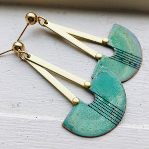 Long Brass Post Statement Earring With Teal Arch and Hand Scribed Lines