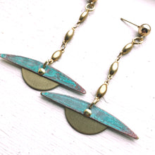 Long Slender Drop Earrings with Teal Arch and Brass Moon, Ball Post Earring, Teal Patina - Limited Edition - Ready To Ship