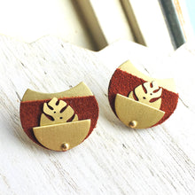 Large Post Earring With Brushed Brass Hand Painted Leather and Monstera Plant