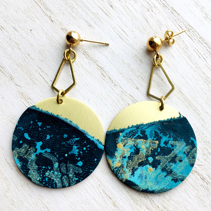Geometric Dangle Earring Brushed Brass Circle With Leather