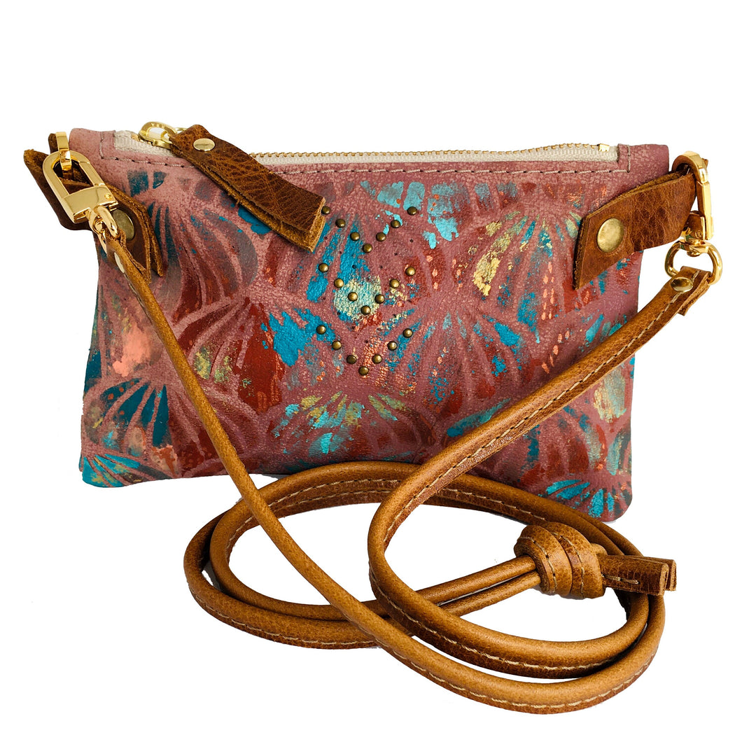 Small Leather Crossbody Purse - Cross Body Bag - Mauve and Mint Flower Design - Hand Painted - One Of A Kind - Ready To Ship