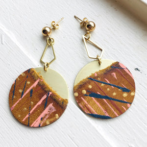 Geometric Dangle Earring Brushed Brass Circle With Leather