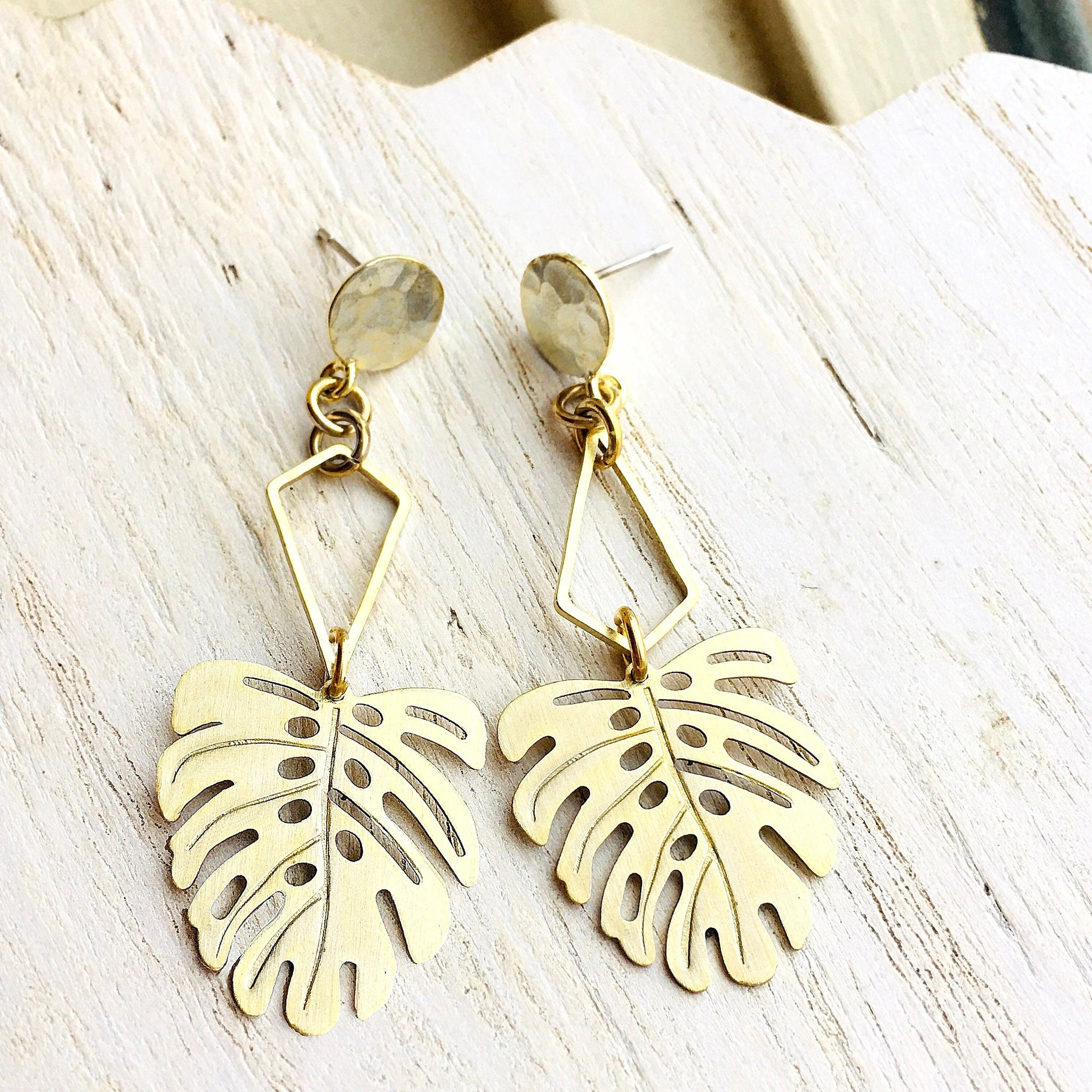 monstera deliciosa earrings Geometric Brass Monstera Plant Earrings