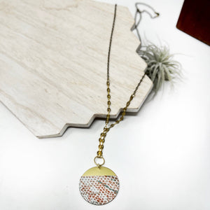 Long Disk Pendant Necklace - Brushed Brass and Leather With Vintage Chain