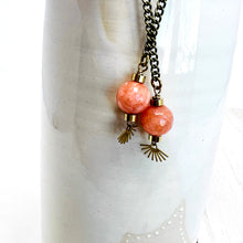 Brass Chain Dangle Earring with Peach - Orange Jade Gemstone and Sun Ray Accent