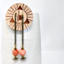 Brass Chain Dangle Earring with Peach - Orange Jade Gemstone and Sun Ray Accent